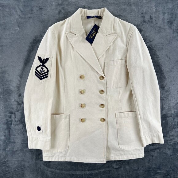 NEW Polo Ralph Lauren White Cream Canvas Twill Nautical Military Blazer Women 2 - Picture 1 of 16
